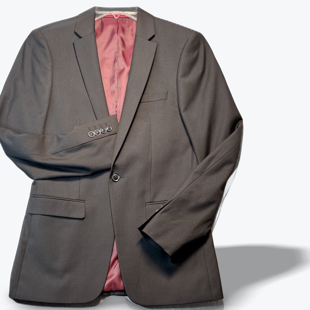 Topman Single Button Blazer Mens Jacket 36R Black Sport‎ Coat Burgundy Lining
